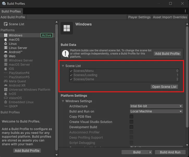 Build settings with scenes added